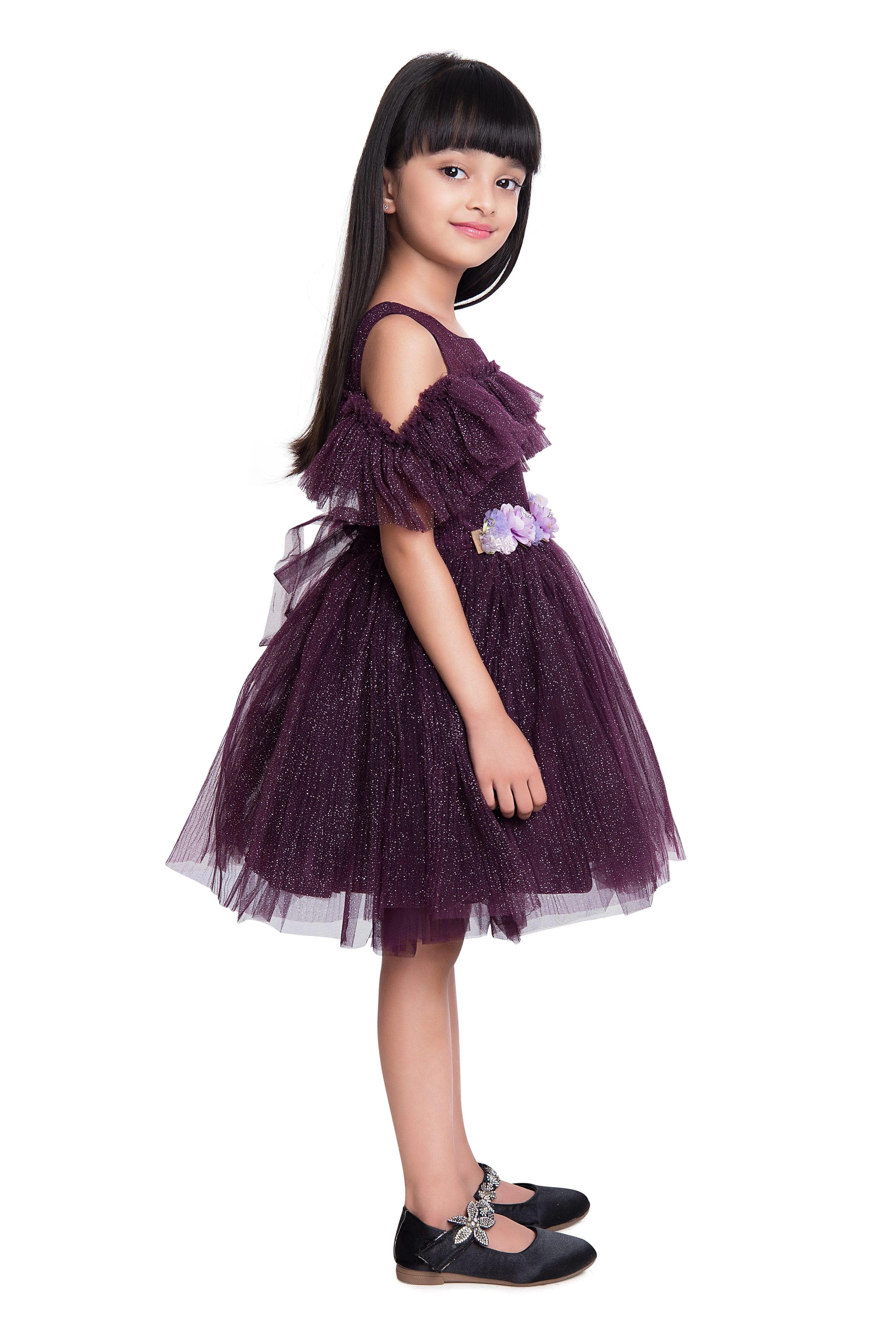 Wine Coloured Imported Net Simple Off Shoulder Design Party Wear Frock For Girls