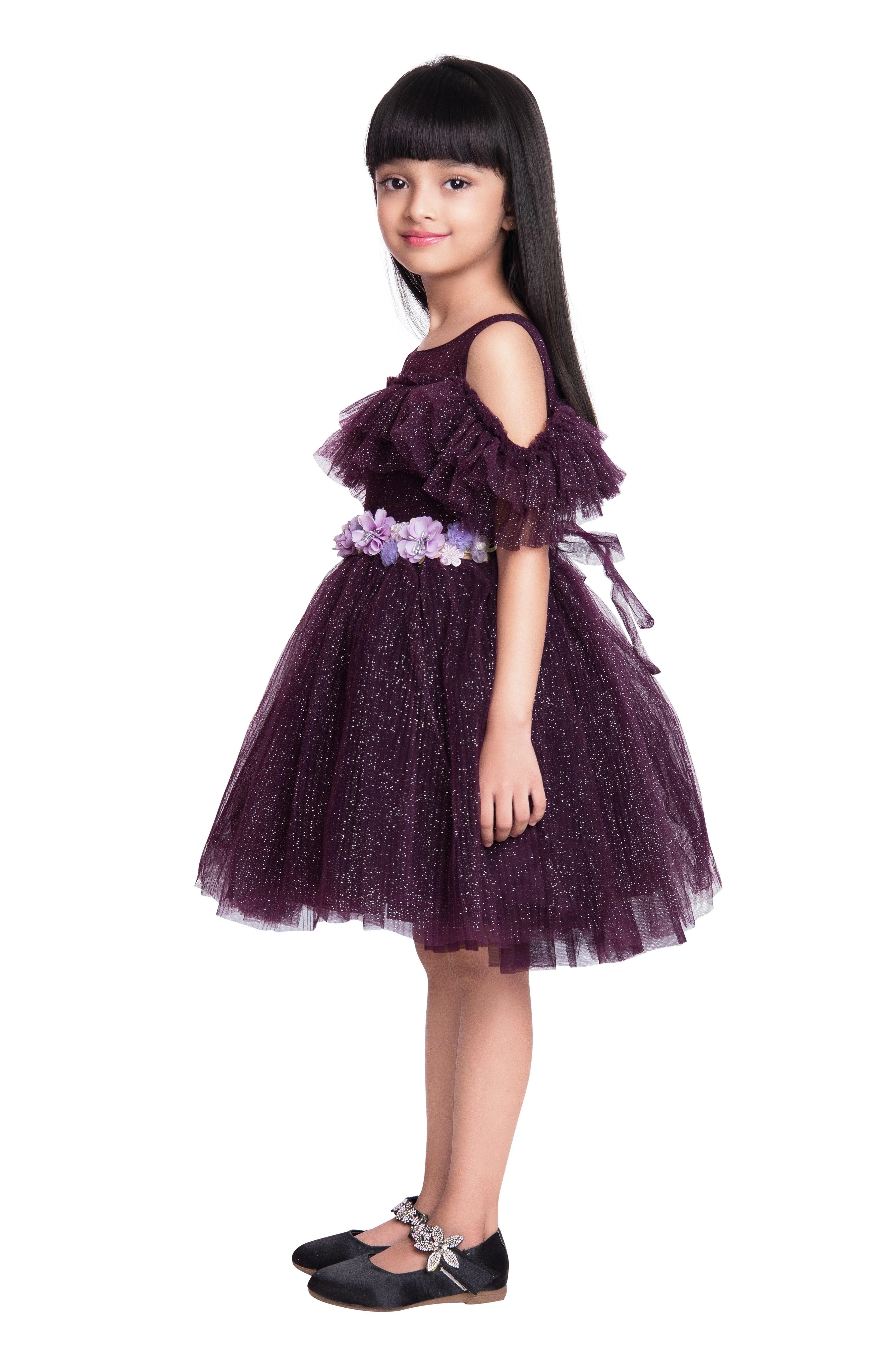 Wine Coloured Imported Net Simple Off Shoulder Design Party Wear Frock For Girls