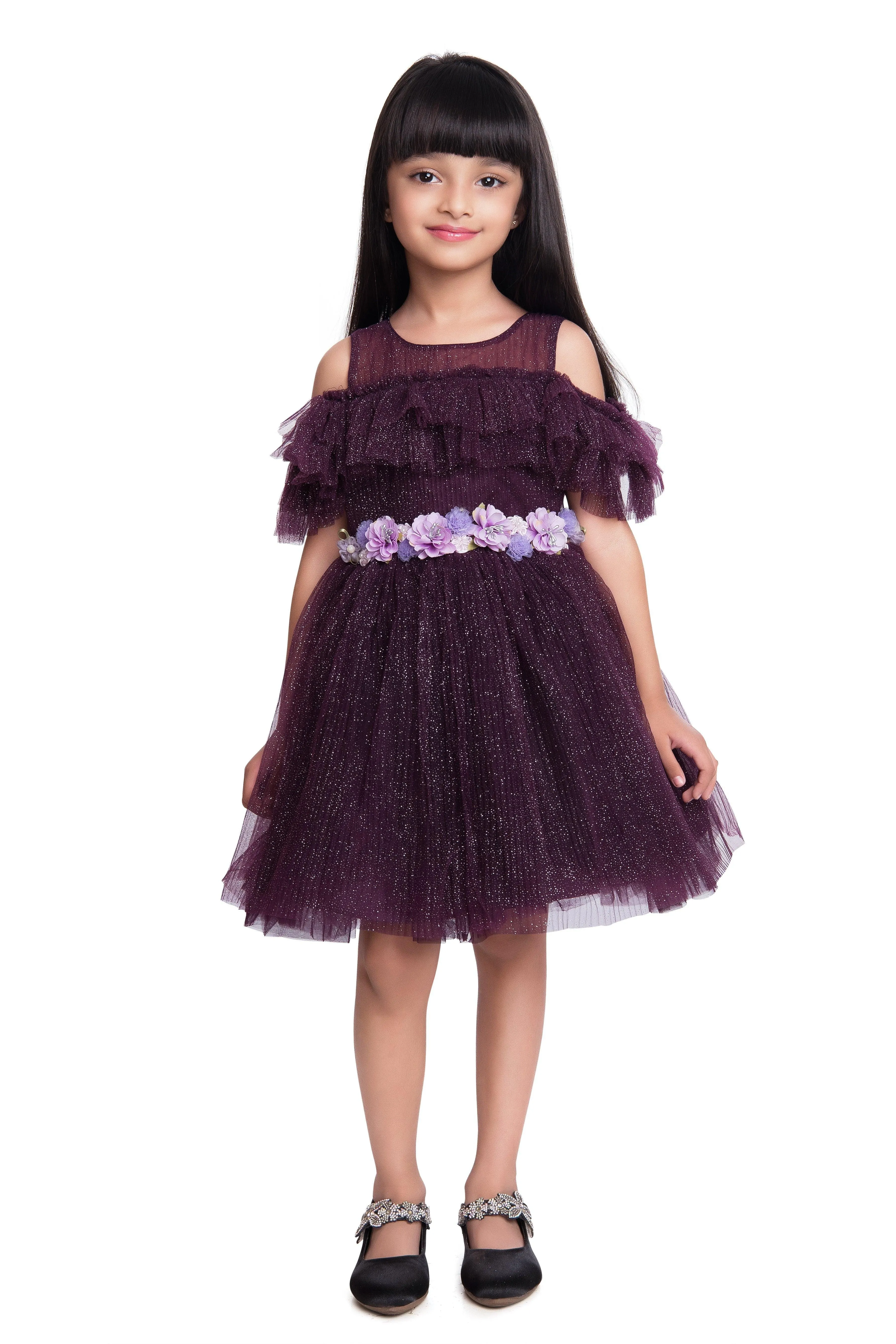 Wine Coloured Imported Net Simple Off Shoulder Design Party Wear Frock For Girls