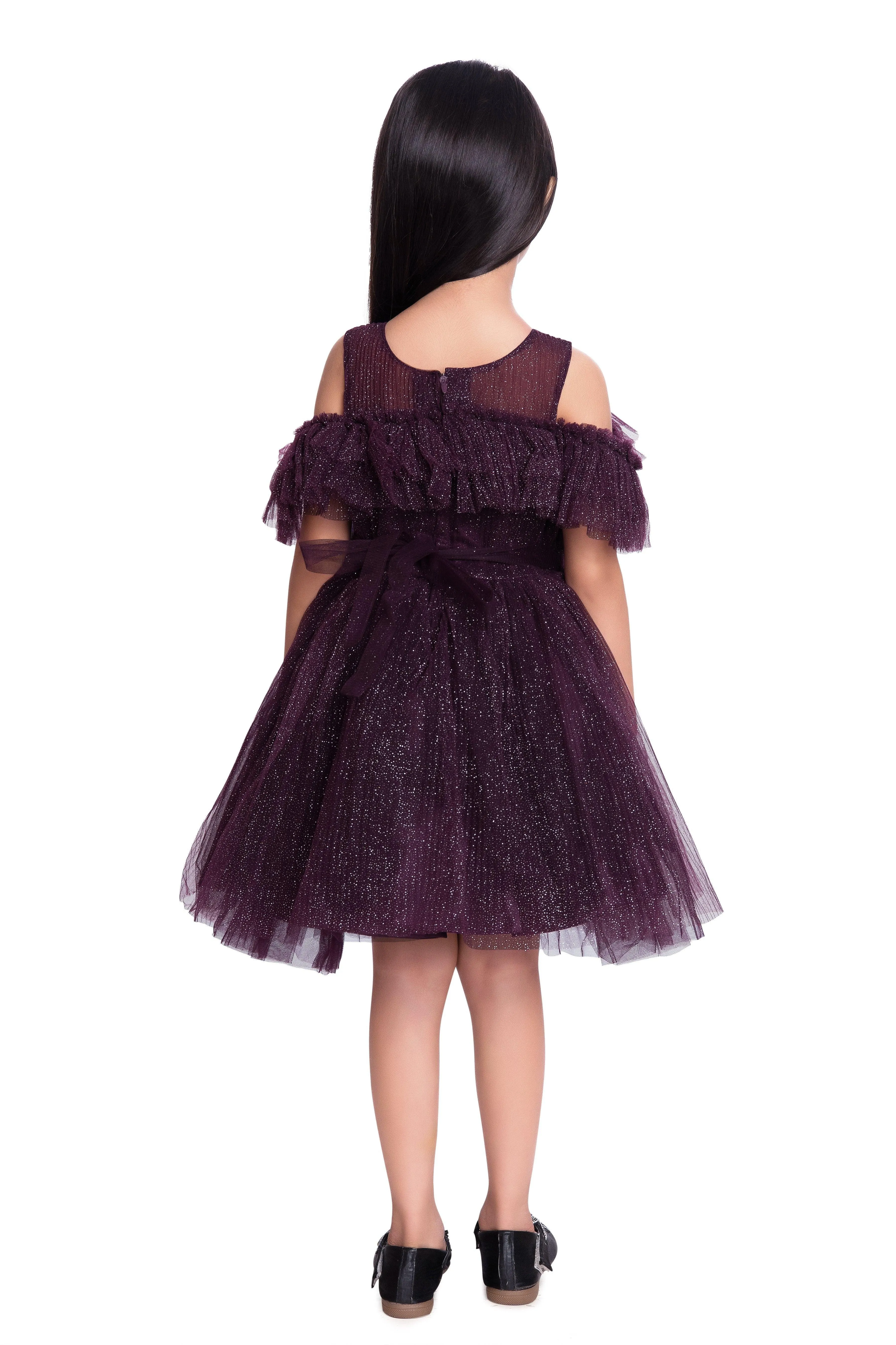 Wine Coloured Imported Net Simple Off Shoulder Design Party Wear Frock For Girls