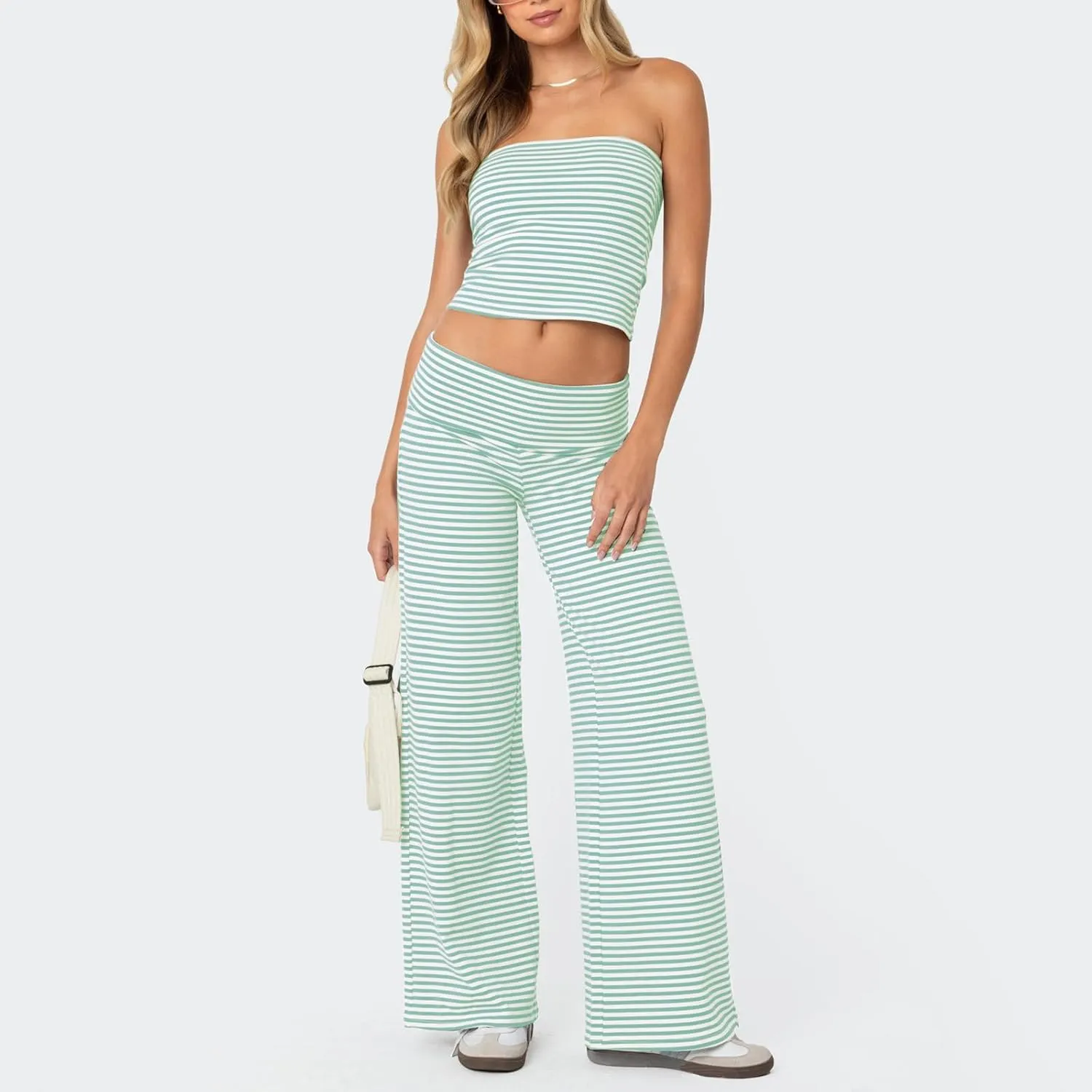 Women 2 Piece Lounge Set Striped Matching Outfit Strapless Tube Top Wide Leg Pants Loungewear Y2K Summer Beach Set