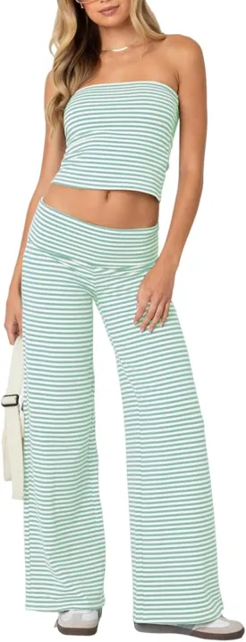 Women 2 Piece Lounge Set Striped Matching Outfit Strapless Tube Top Wide Leg Pants Loungewear Y2K Summer Beach Set