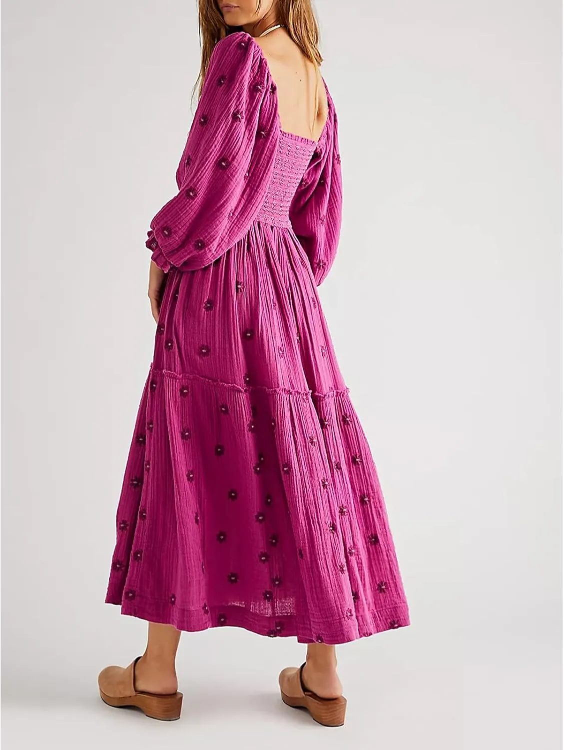 Women Floral Embroidered Maxi Dress Long Puff Sleeve Square Neck Bohemian Flowy Dress with Pockets Summer Fall
