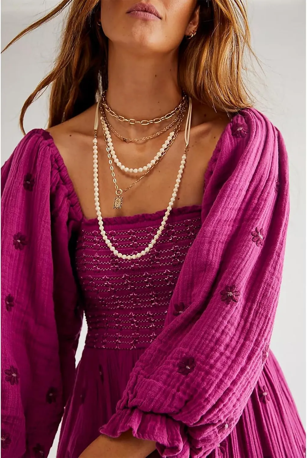 Women Floral Embroidered Maxi Dress Long Puff Sleeve Square Neck Bohemian Flowy Dress with Pockets Summer Fall