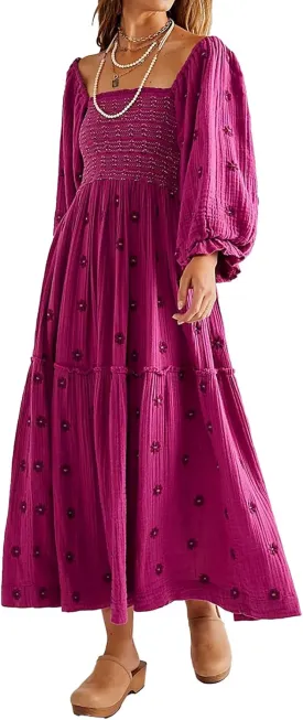 Women Floral Embroidered Maxi Dress Long Puff Sleeve Square Neck Bohemian Flowy Dress with Pockets Summer Fall