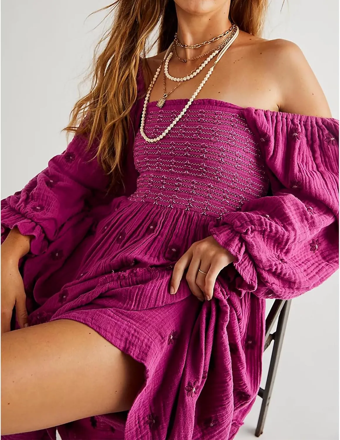 Women Floral Embroidered Maxi Dress Long Puff Sleeve Square Neck Bohemian Flowy Dress with Pockets Summer Fall
