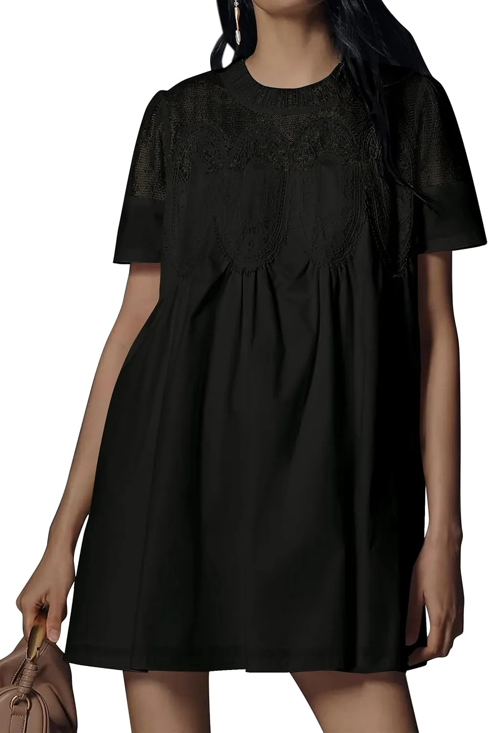 Women Lace Short Sleeve Mini Babydoll Dress 2025 Summer Elegant Crochet Poplin Mesh Pleated Ruffle Swing Short Dress