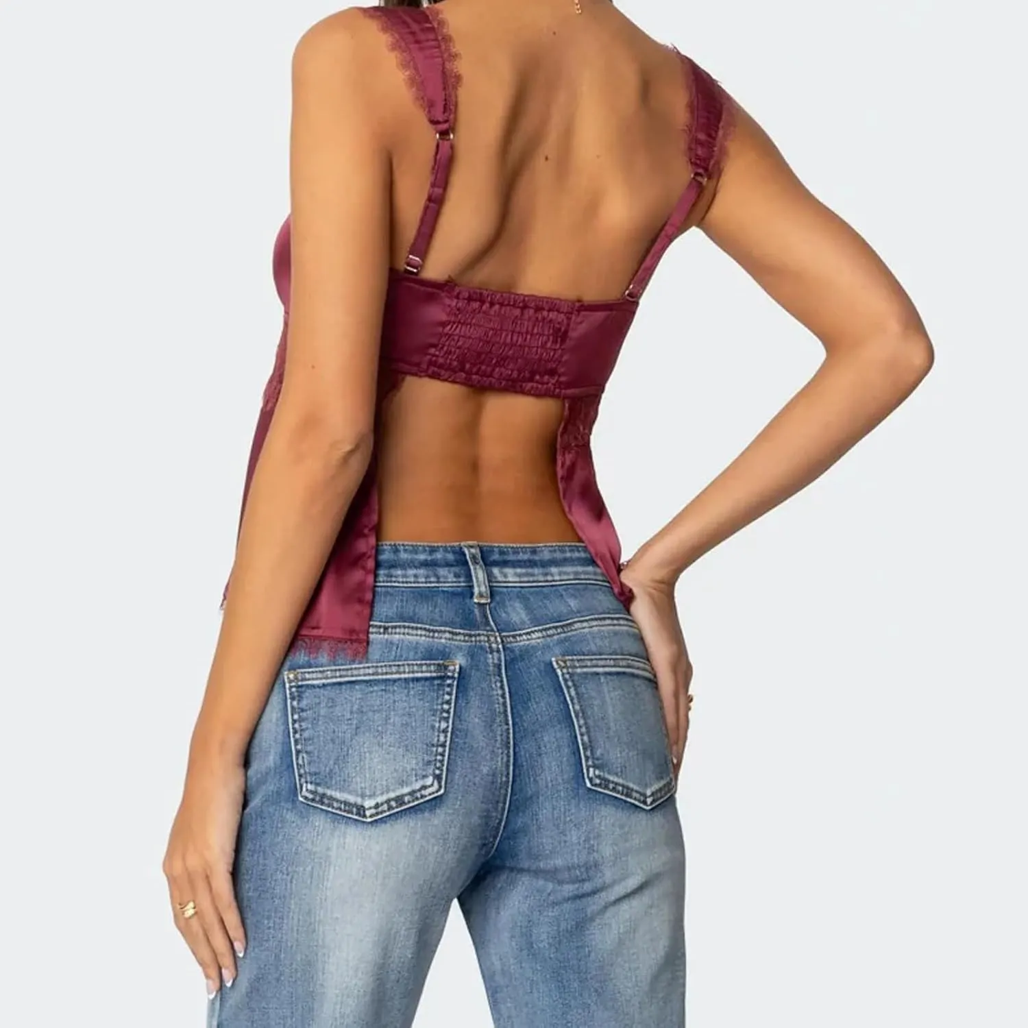 Women Lace Trim Satin Camisoles Y2K Sleeveless V Neck Crop Top Sexy Spaghetti Strap Fairy Cami Shirt Going Out Tank
