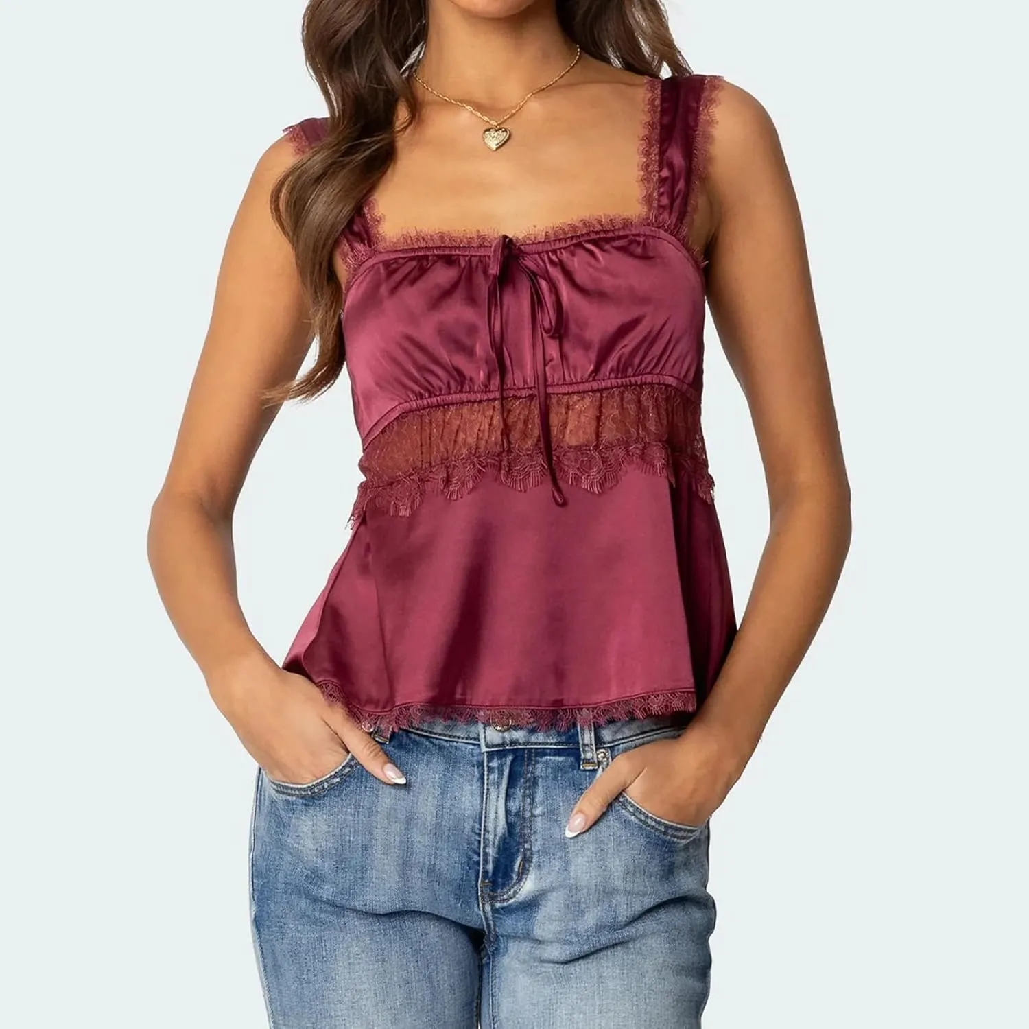 Women Lace Trim Satin Camisoles Y2K Sleeveless V Neck Crop Top Sexy Spaghetti Strap Fairy Cami Shirt Going Out Tank