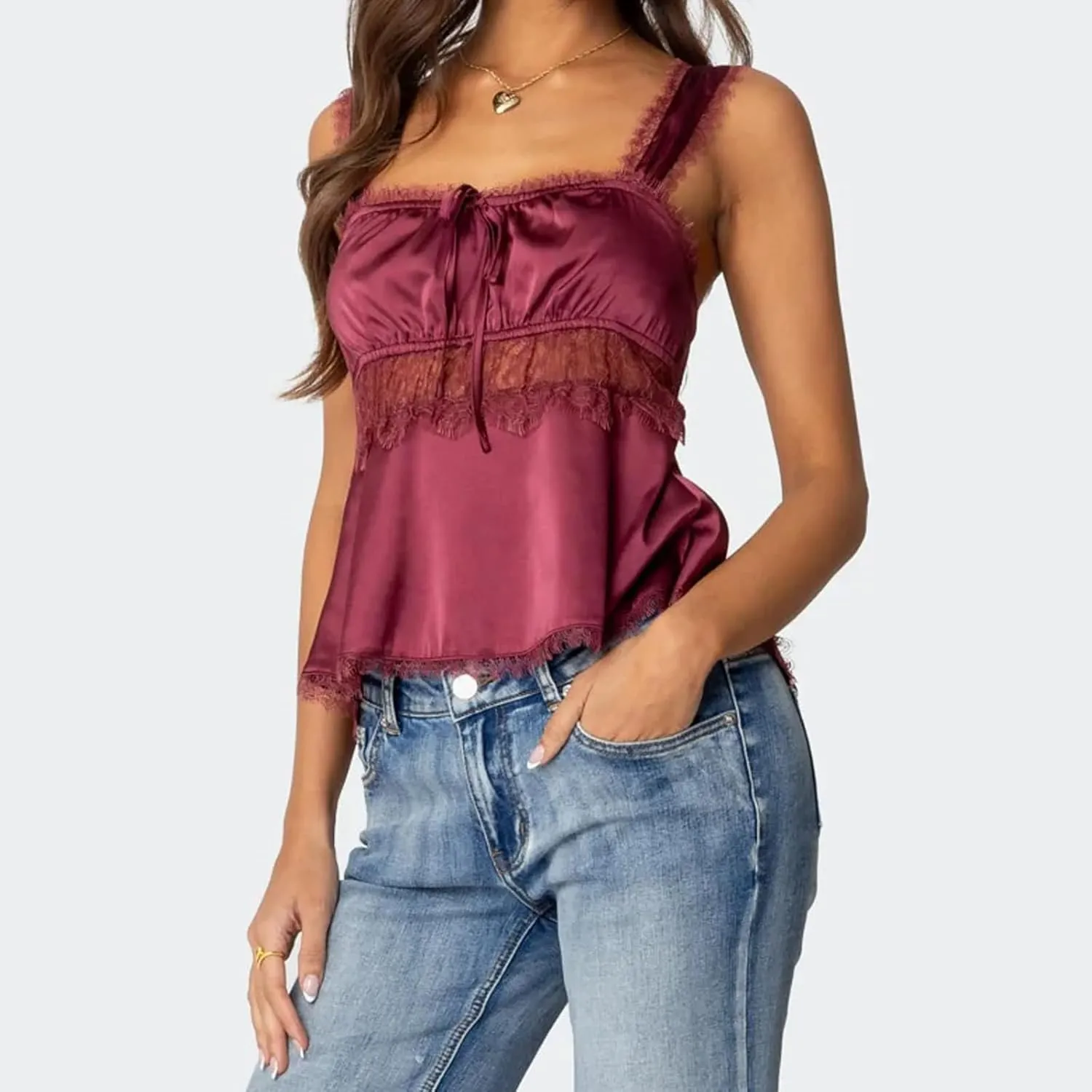 Women Lace Trim Satin Camisoles Y2K Sleeveless V Neck Crop Top Sexy Spaghetti Strap Fairy Cami Shirt Going Out Tank