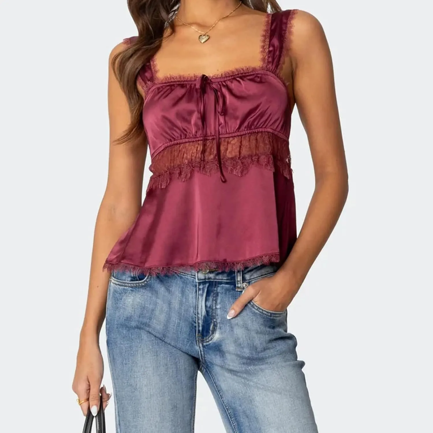 Women Lace Trim Satin Camisoles Y2K Sleeveless V Neck Crop Top Sexy Spaghetti Strap Fairy Cami Shirt Going Out Tank