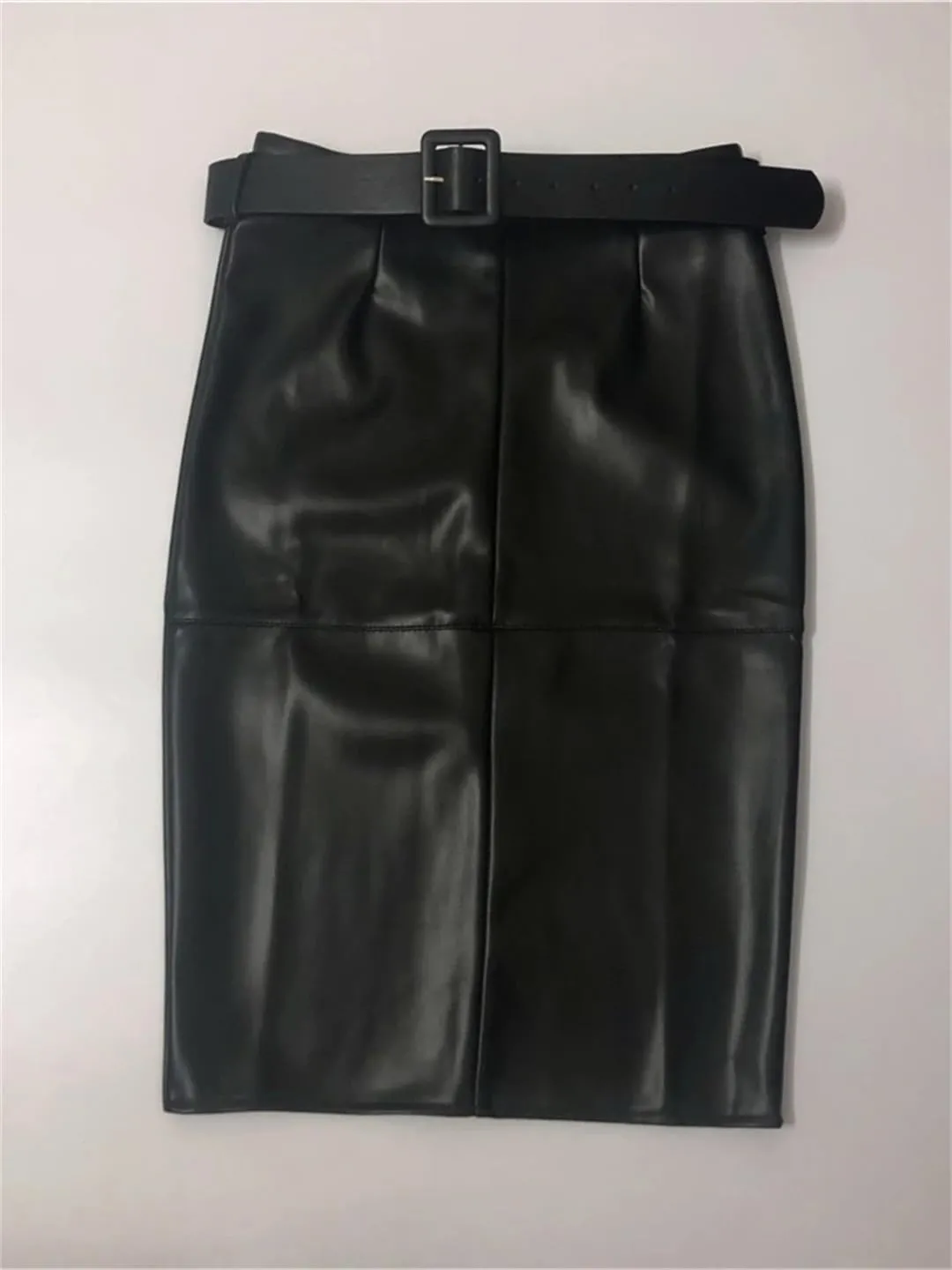 Women PU Leather Wrap Midi Skirts with Belted High Waist Sheath Pencil Back Split Skirts