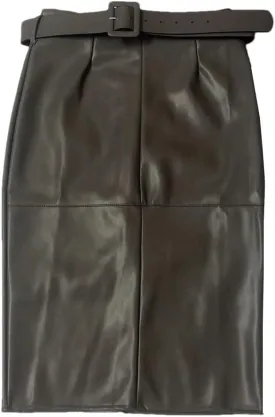 Women PU Leather Wrap Midi Skirts with Belted High Waist Sheath Pencil Back Split Skirts