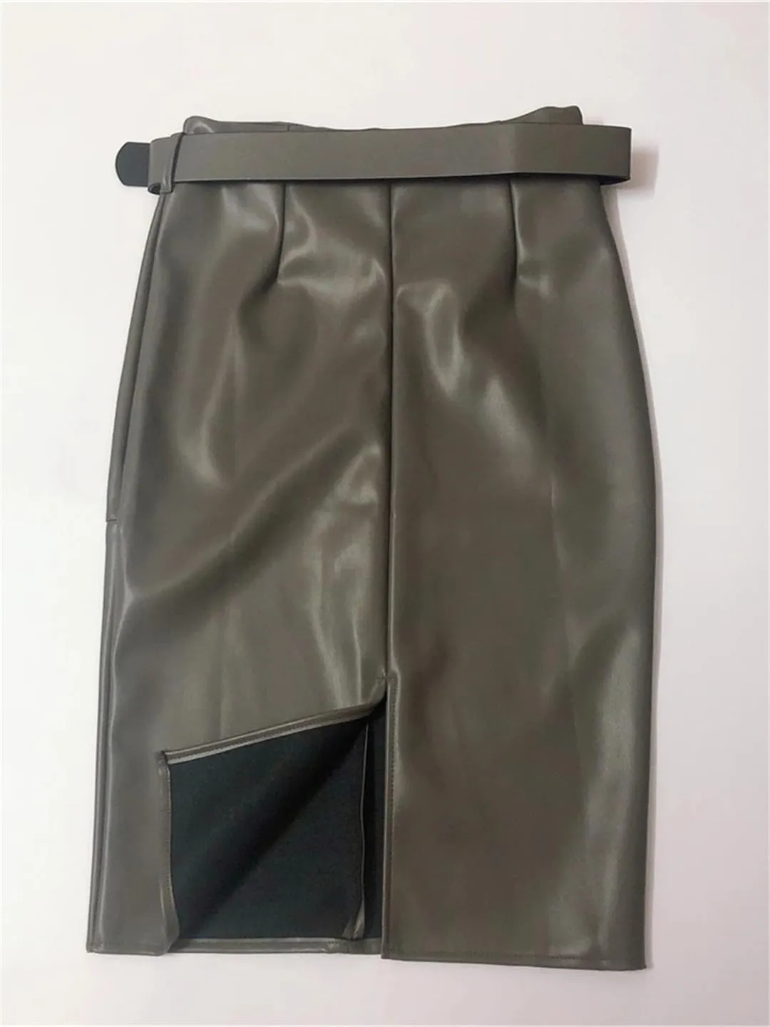 Women PU Leather Wrap Midi Skirts with Belted High Waist Sheath Pencil Back Split Skirts