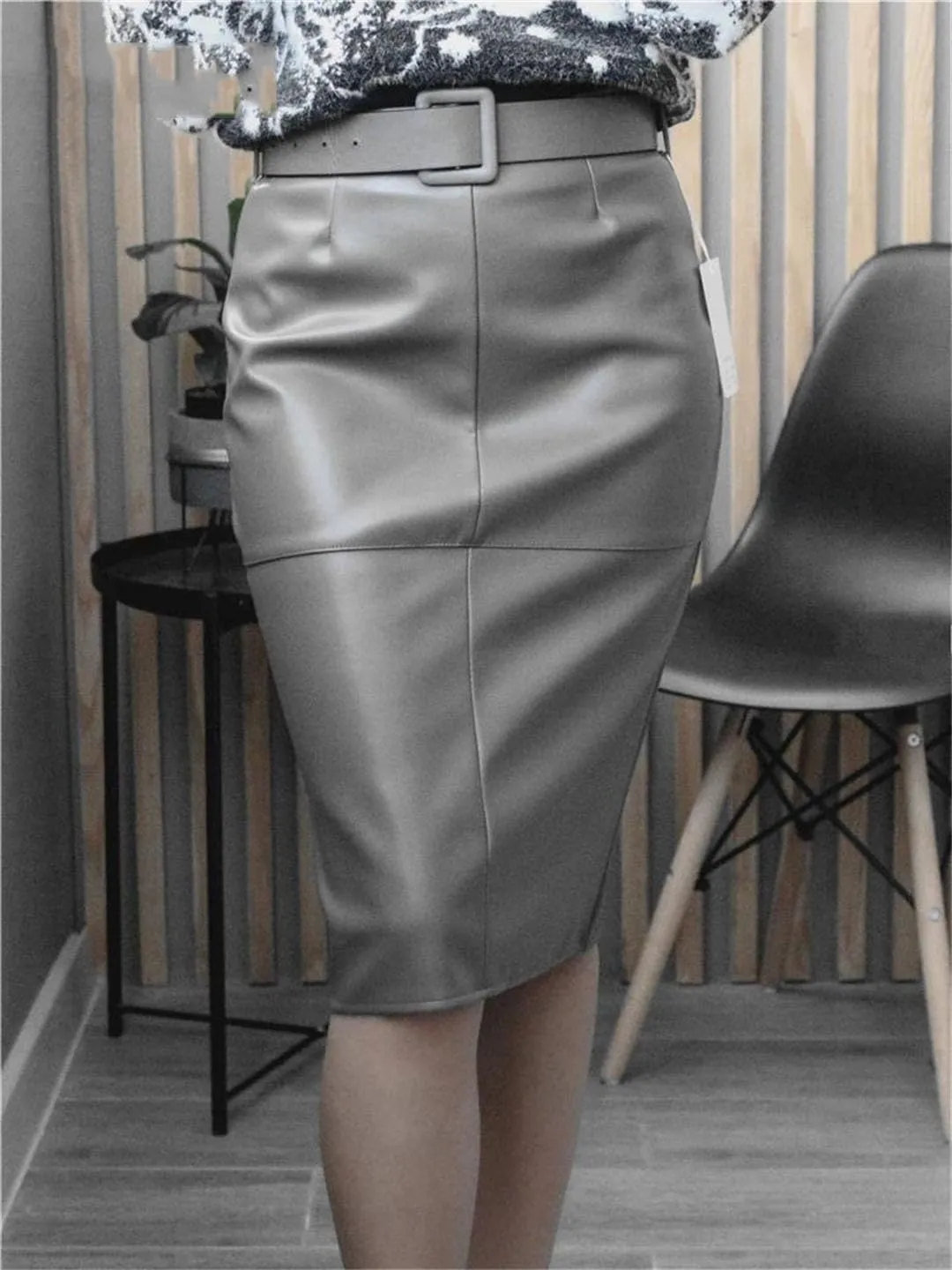 Women PU Leather Wrap Midi Skirts with Belted High Waist Sheath Pencil Back Split Skirts