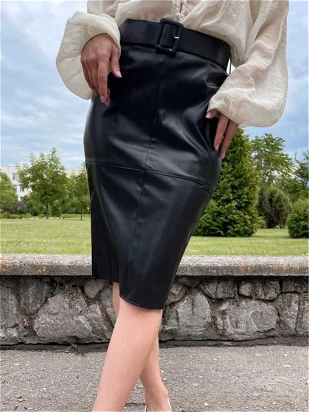 Women PU Leather Wrap Midi Skirts with Belted High Waist Sheath Pencil Back Split Skirts