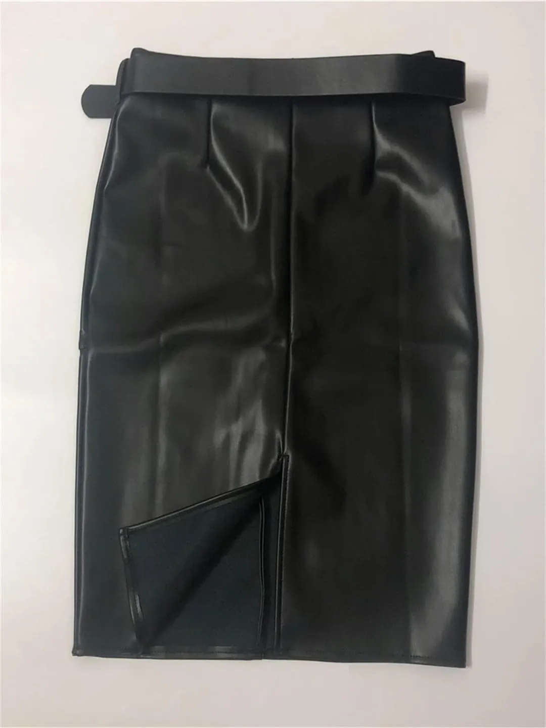 Women PU Leather Wrap Midi Skirts with Belted High Waist Sheath Pencil Back Split Skirts