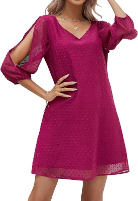Women Summer Loose Casual Dress V Neck 3/4 Split Sleeves Flowy Shift Mini Party Sundress