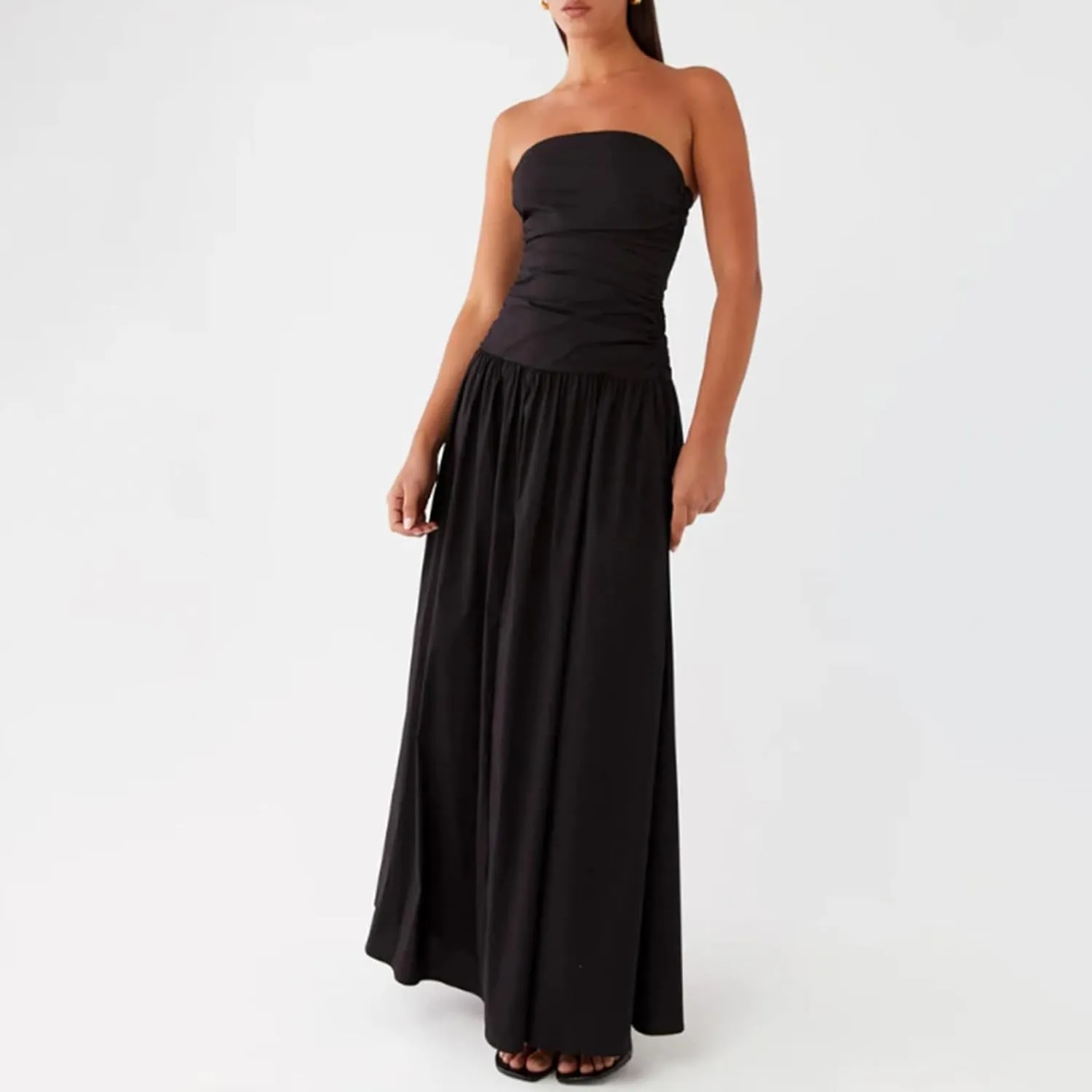 Women Summer Strapless Maxi Dress A Line Flowy Tube Top Dress Y2K Elegant Wedding Party Cocktail Long Dresses
