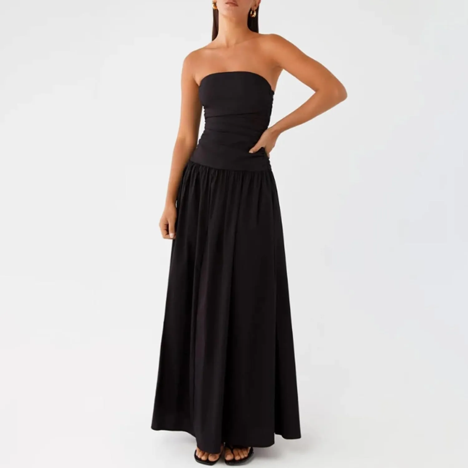 Women Summer Strapless Maxi Dress A Line Flowy Tube Top Dress Y2K Elegant Wedding Party Cocktail Long Dresses