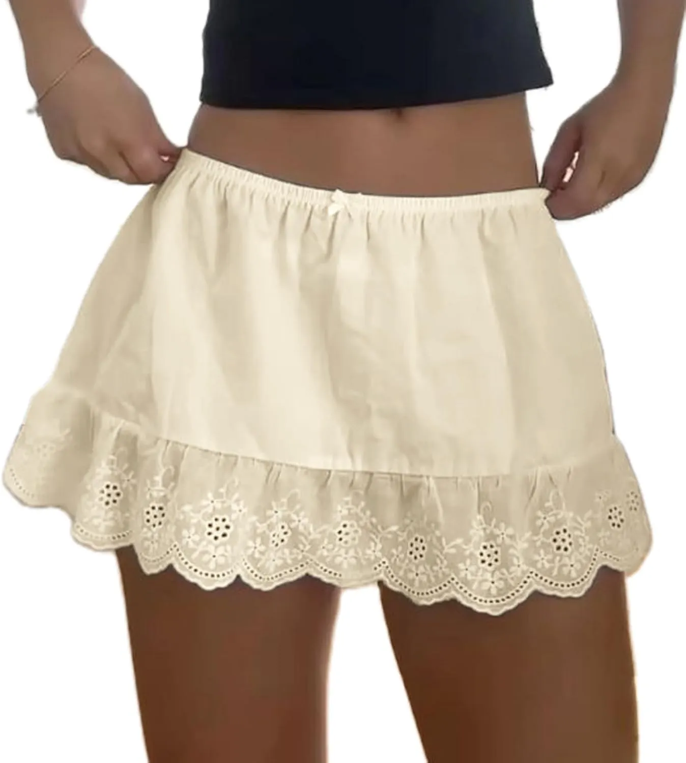 Women Y2k Lace Mini Skirt Boho Low Waist Floral Eyelet Short Aline Skirt Cute Ruffle Hem Concert Beach Skirt