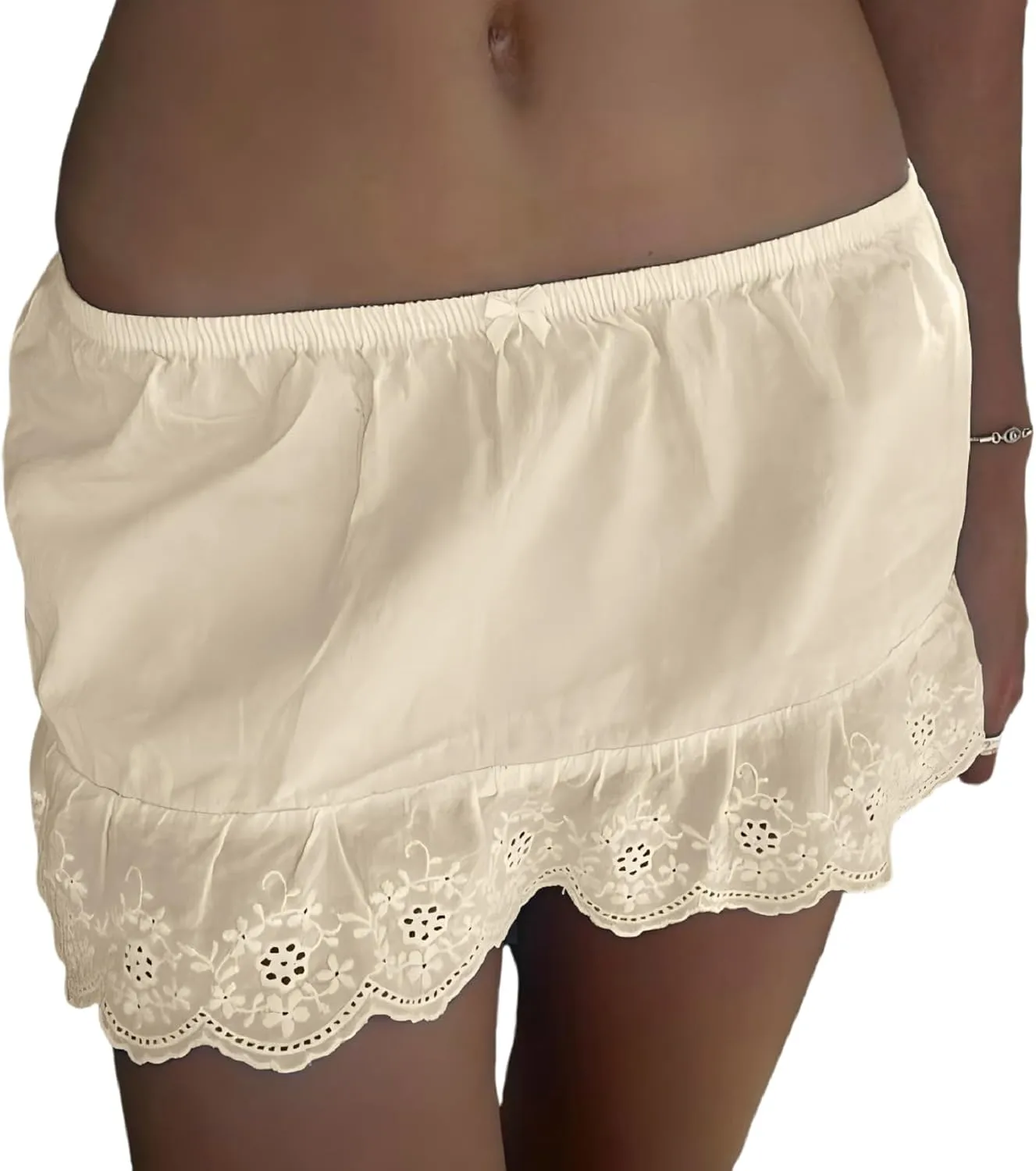 Women Y2k Lace Mini Skirt Boho Low Waist Floral Eyelet Short Aline Skirt Cute Ruffle Hem Concert Beach Skirt