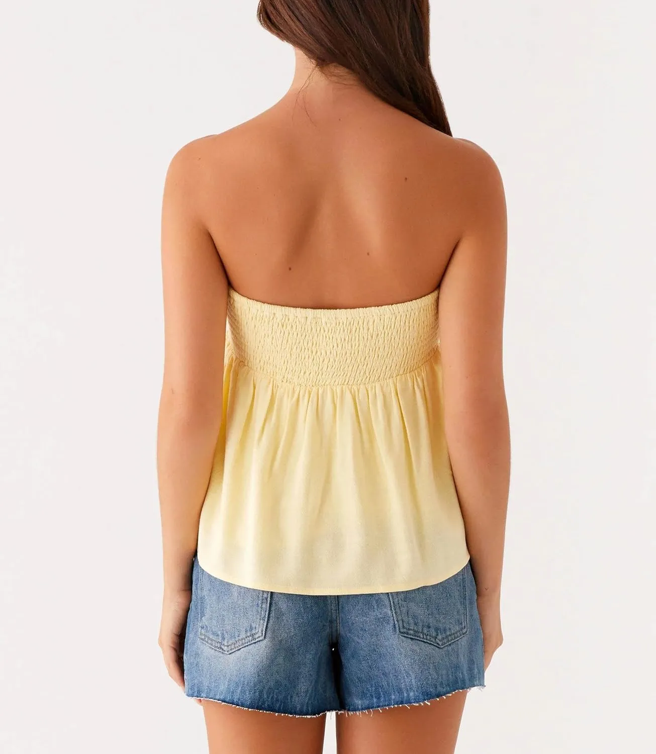 Women Y2k Peplum Tube Top Ruffle Smocked Strapless Flowy Babydoll Bandeau Backless Cute Going Out Blouse Summer