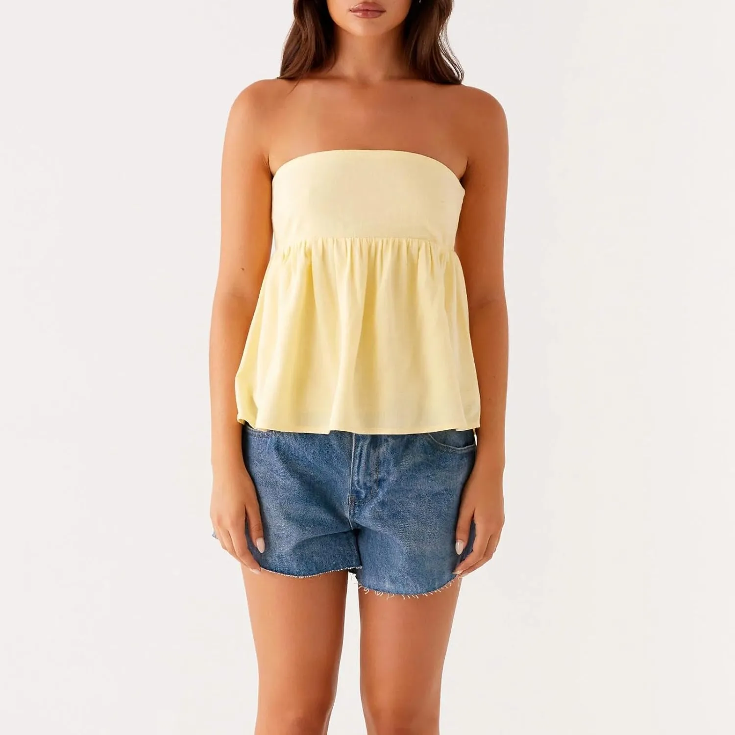 Women Y2k Peplum Tube Top Ruffle Smocked Strapless Flowy Babydoll Bandeau Backless Cute Going Out Blouse Summer