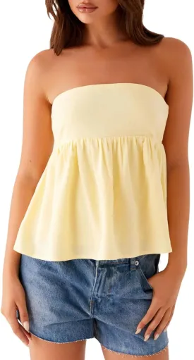 Women Y2k Peplum Tube Top Ruffle Smocked Strapless Flowy Babydoll Bandeau Backless Cute Going Out Blouse Summer