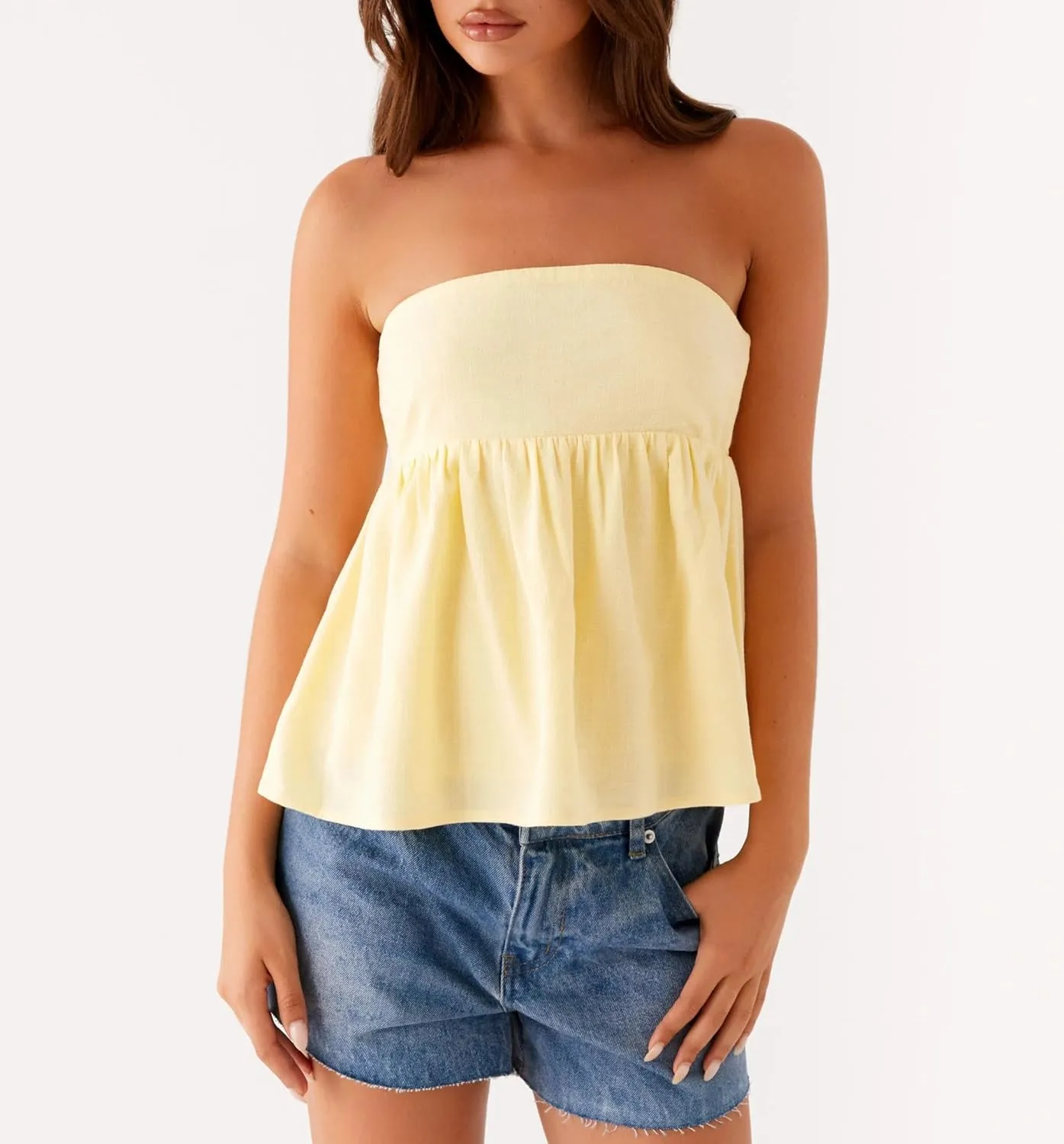 Women Y2k Peplum Tube Top Ruffle Smocked Strapless Flowy Babydoll Bandeau Backless Cute Going Out Blouse Summer