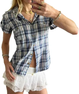 Women Y2k Short Sleeve Button Down Shirts Coquette V Neck Collared Crop Tops Vintage Slim Fit Going Out Blouse