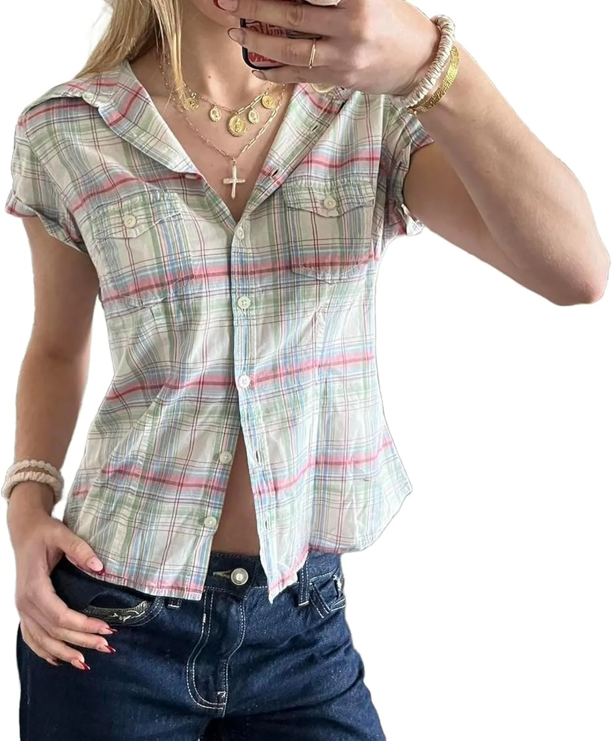 Women Y2k Short Sleeve Button Down Shirts Coquette V Neck Collared Crop Tops Vintage Slim Fit Going Out Blouse