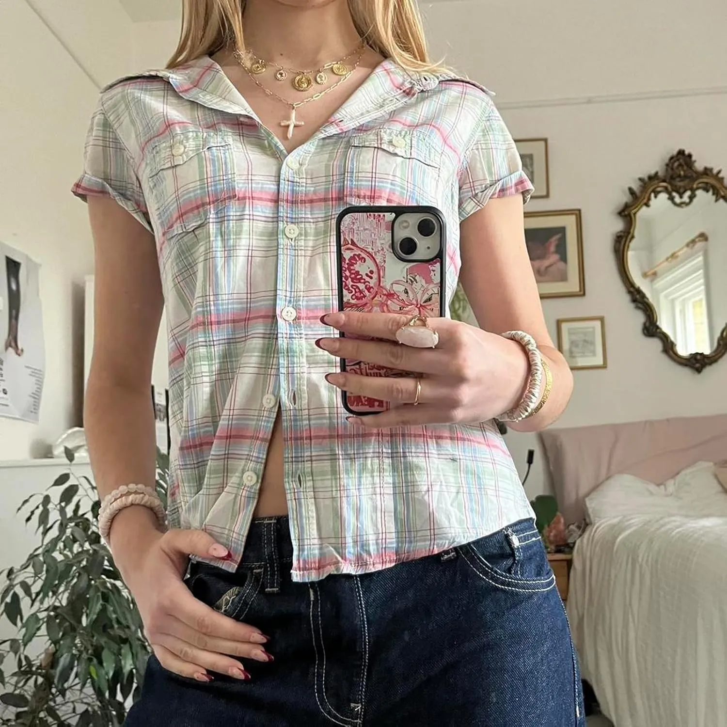 Women Y2k Short Sleeve Button Down Shirts Coquette V Neck Collared Crop Tops Vintage Slim Fit Going Out Blouse