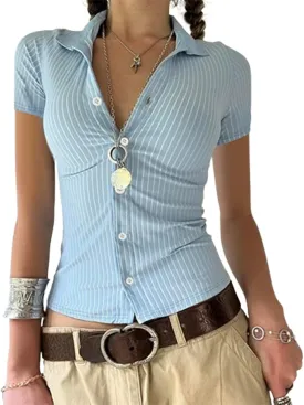 Women Y2k Short Sleeve Button Down Shirts Coquette V Neck Collared Crop Tops Vintage Slim Fit Going Out Blouse