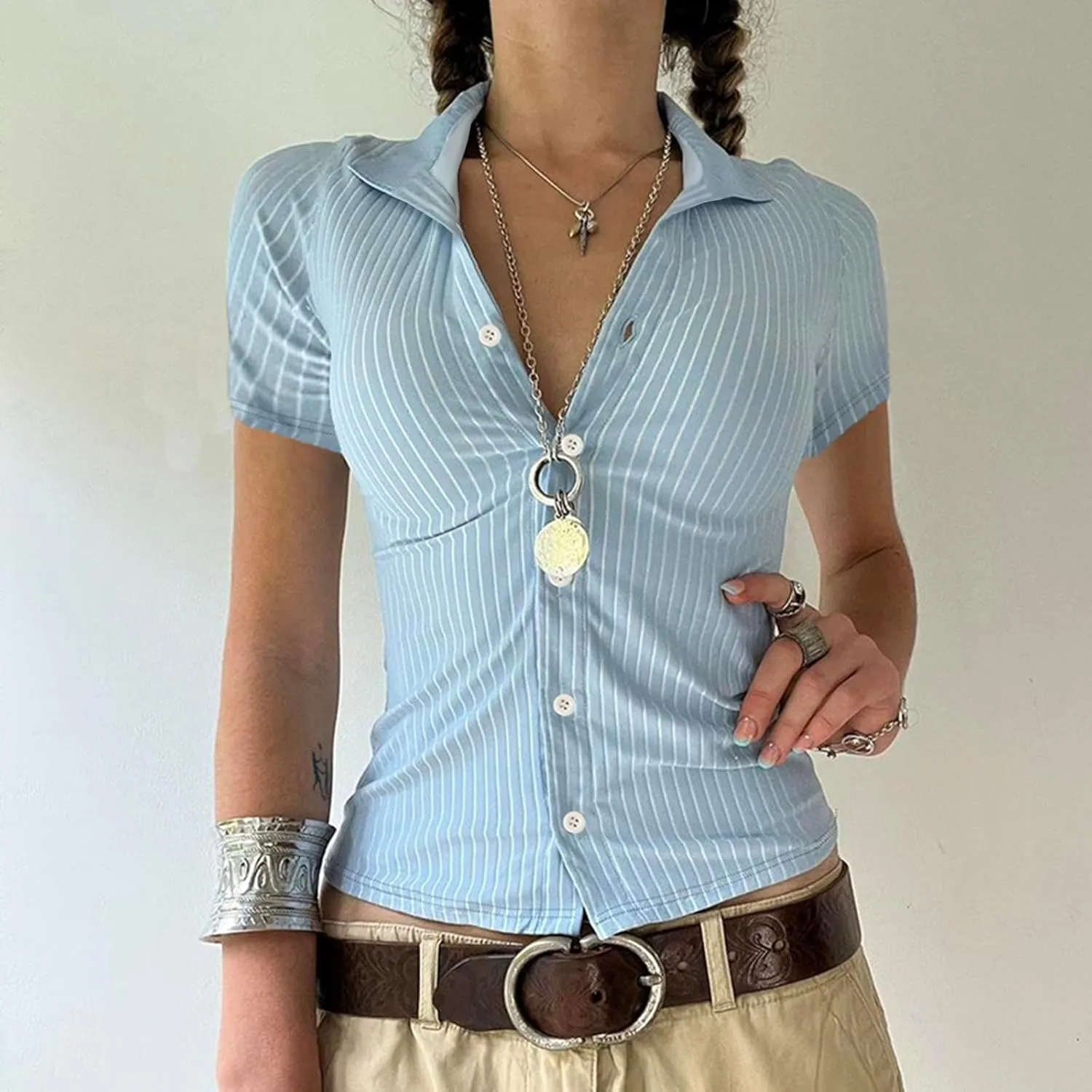 Women Y2k Short Sleeve Button Down Shirts Coquette V Neck Collared Crop Tops Vintage Slim Fit Going Out Blouse