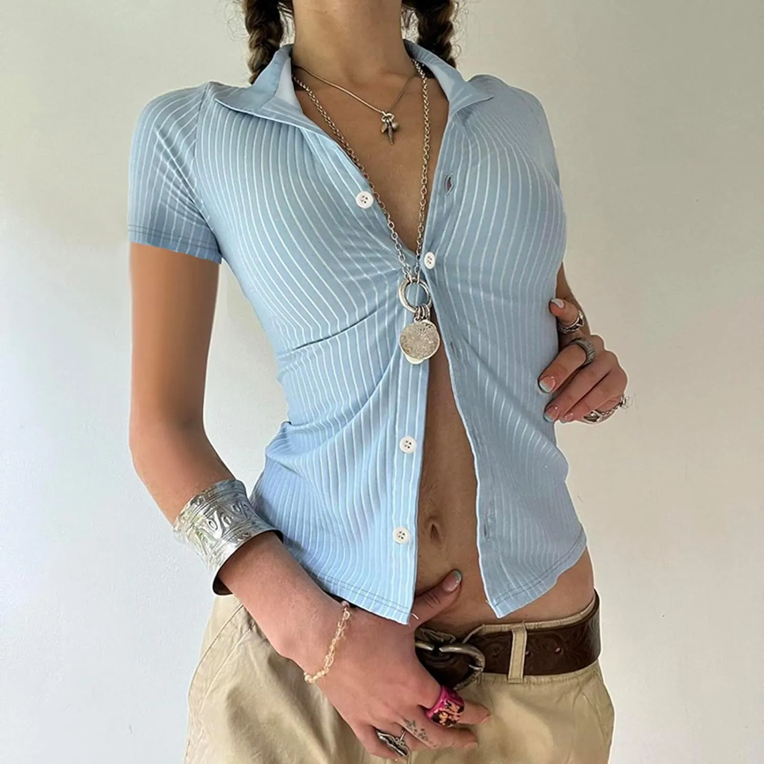 Women Y2k Short Sleeve Button Down Shirts Coquette V Neck Collared Crop Tops Vintage Slim Fit Going Out Blouse