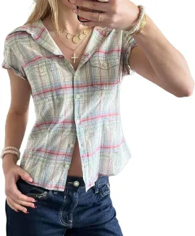 Women Y2k Short Sleeve Button Down Shirts Coquette V Neck Collared Crop Tops Vintage Slim Fit Going Out Blouse