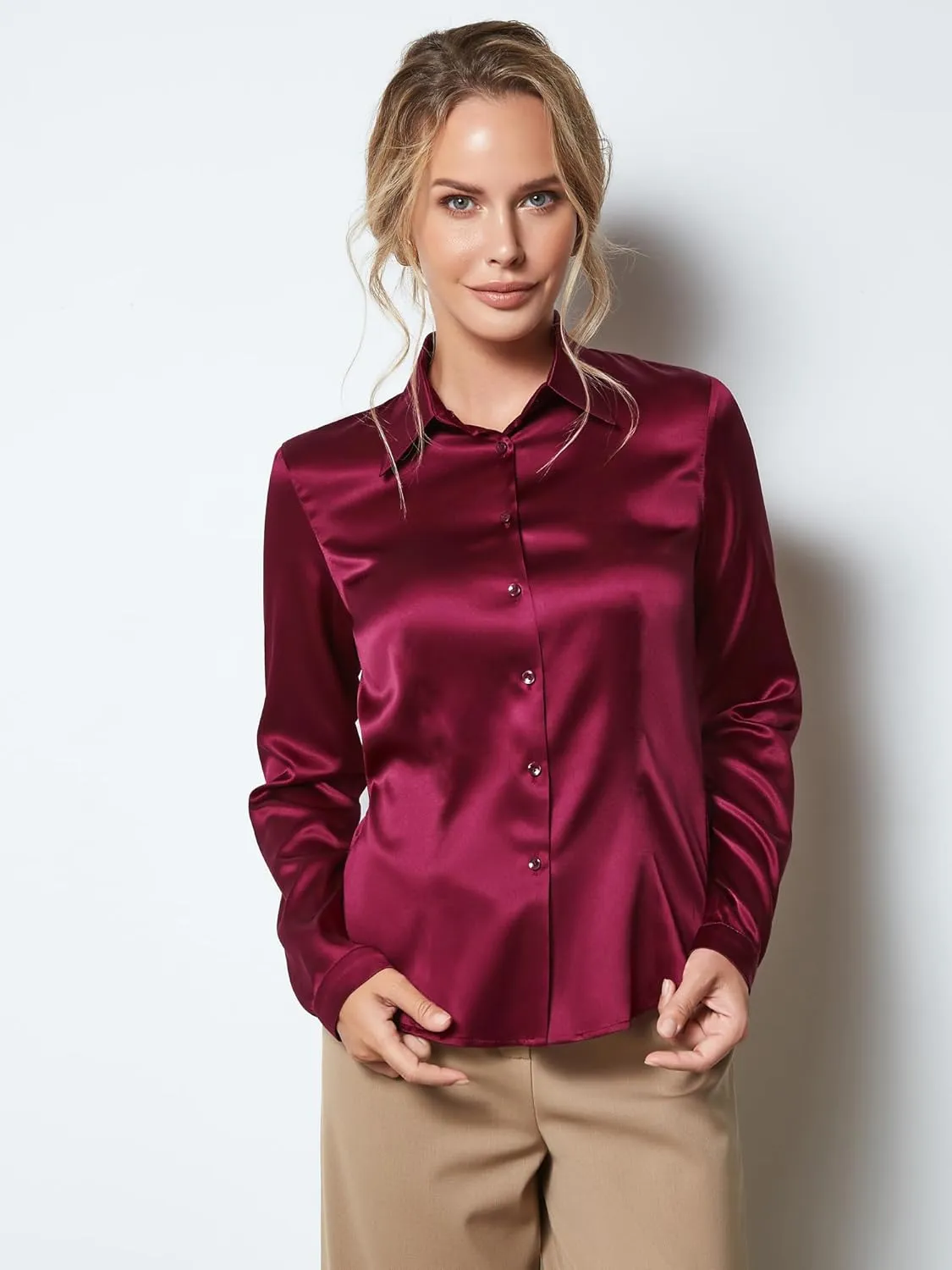 Women's Blouse Satin Silk Shirts, Casual Loose Long Sleeve for Office Work, Corporate Outfit Clothes