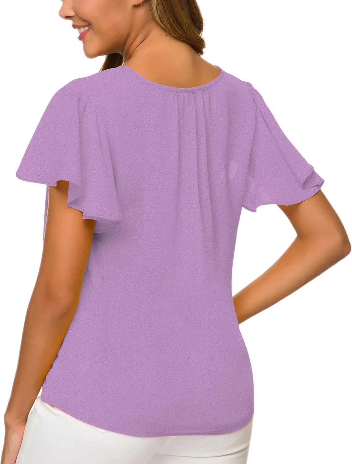 Women's Casual Ruffled V Neck Chiffon Blouse Short Sleeve Office Work Elegant Shirt Vintage Basic Tops