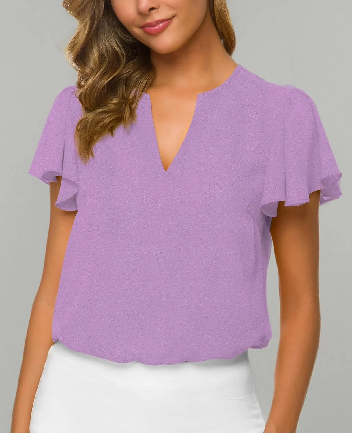 Women's Casual Ruffled V Neck Chiffon Blouse Short Sleeve Office Work Elegant Shirt Vintage Basic Tops