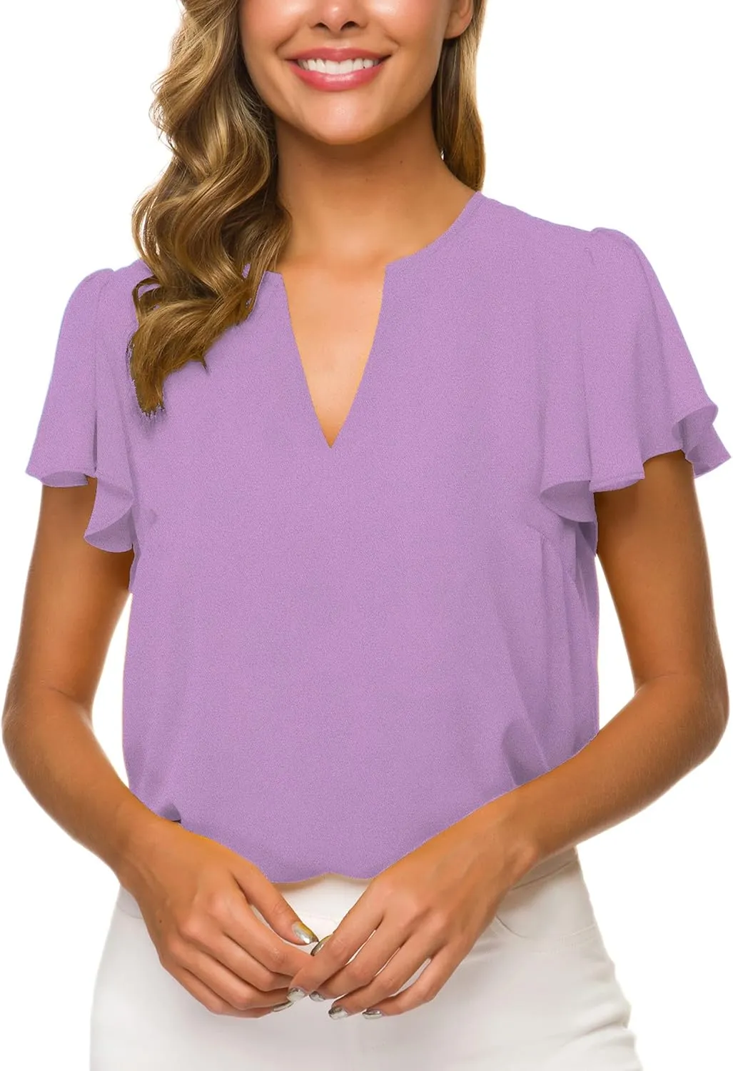 Women's Casual Ruffled V Neck Chiffon Blouse Short Sleeve Office Work Elegant Shirt Vintage Basic Tops