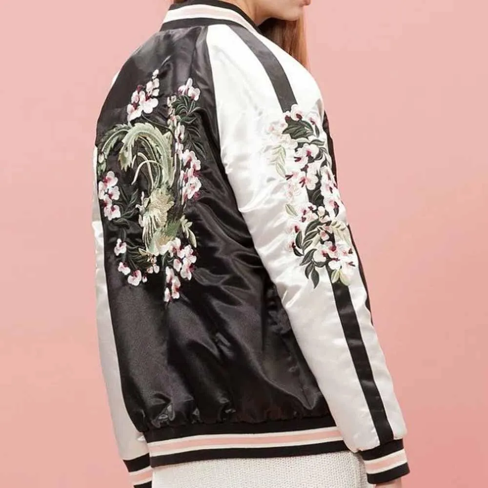 Women's Floral Phoenix Embroidered Reversible Bomber Jacket Black Red