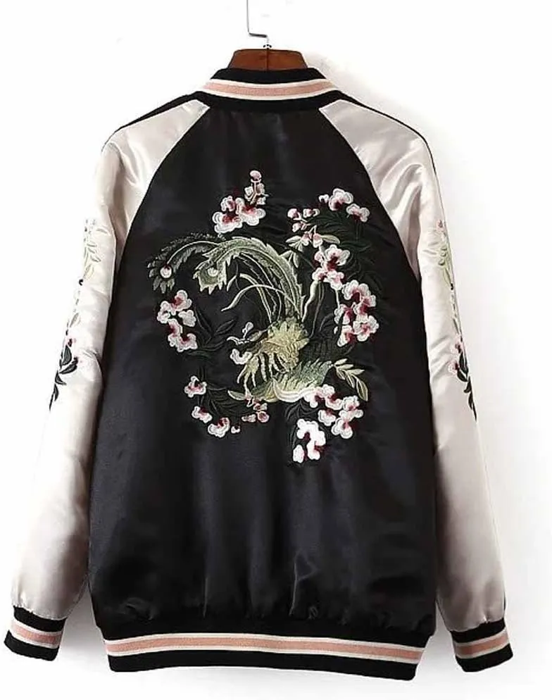 Women's Floral Phoenix Embroidered Reversible Bomber Jacket Black Red