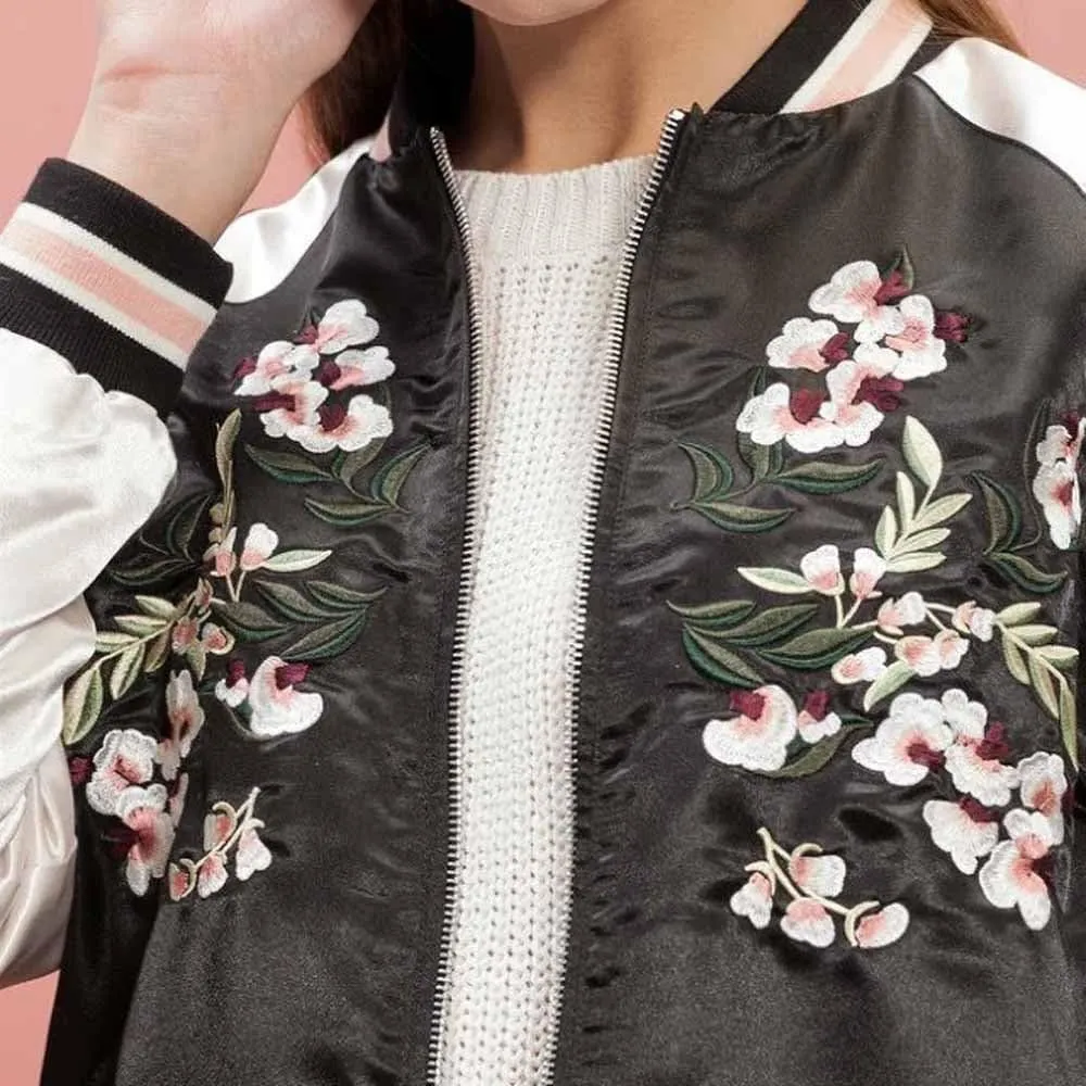 Women's Floral Phoenix Embroidered Reversible Bomber Jacket Black Red