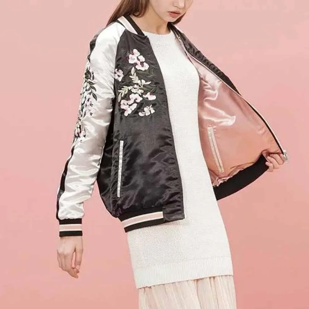 Women's Floral Phoenix Embroidered Reversible Bomber Jacket Black Red