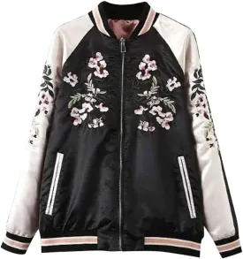 Women's Floral Phoenix Embroidered Reversible Bomber Jacket Black Red