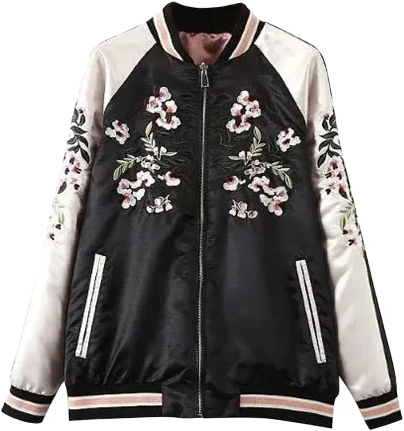Women's Floral Phoenix Embroidered Reversible Bomber Jacket Black Red