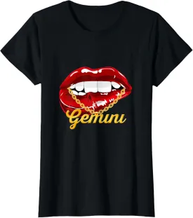 Womens Gemini Girl Juicy Lips Gold Chain Astrology Zodiac sign T-Shirt