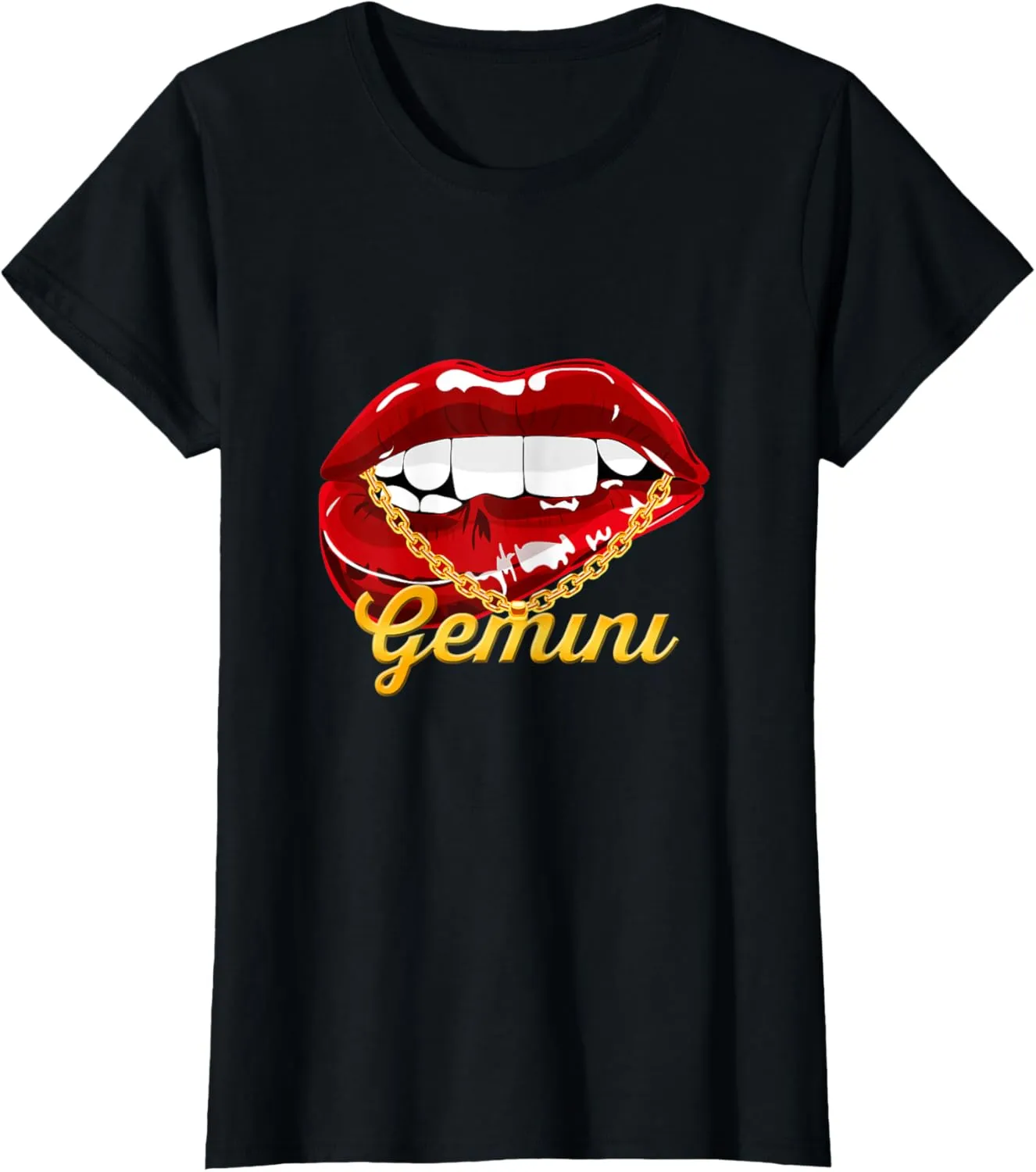 Womens Gemini Girl Juicy Lips Gold Chain Astrology Zodiac sign T-Shirt