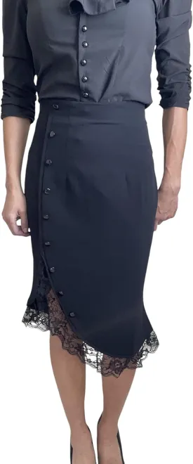 Womens High Waist Pencil Skirt  Vintage Lace Trim Tulip Hem Midi Skirt with Buttons  Wiggle Fit for Work or Evening